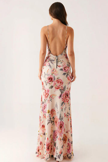 Light Pink Floral V Neck Sheath Long Evening Dress